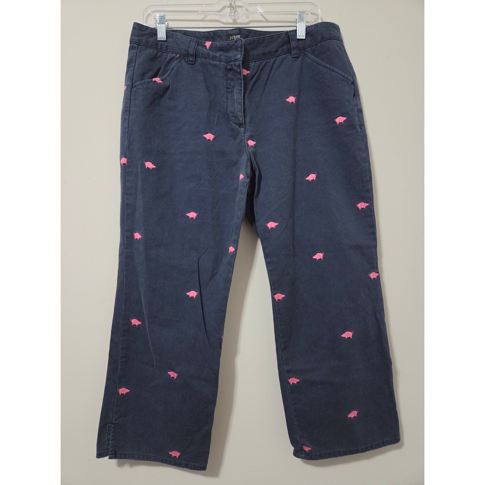 J.Crew Womens Navy Blue Pink Pig Embroidered Favorite Fit‎ Chino Crop Pants 10